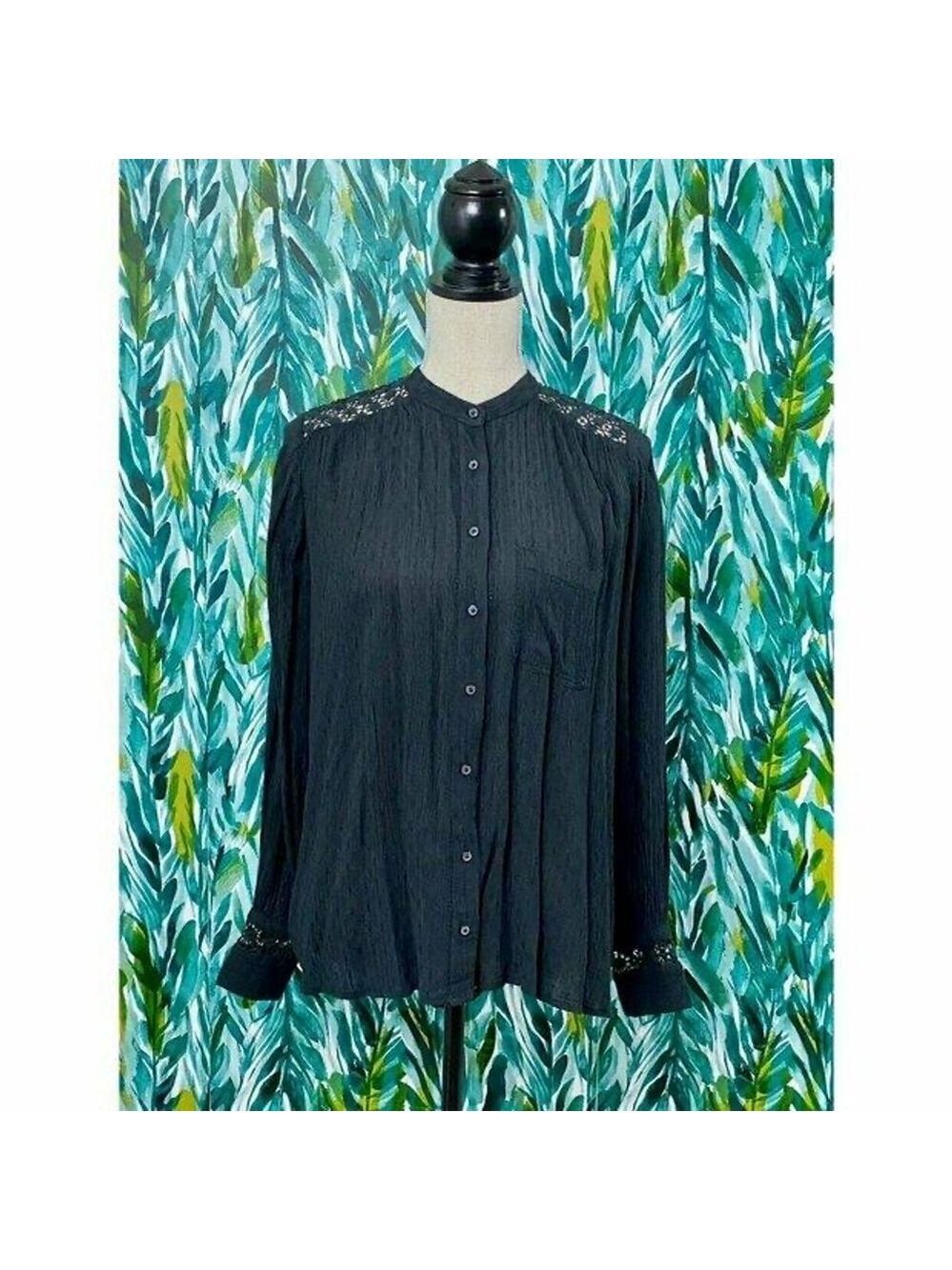 Free People Navy Blue Lace Button Down Blouse XS